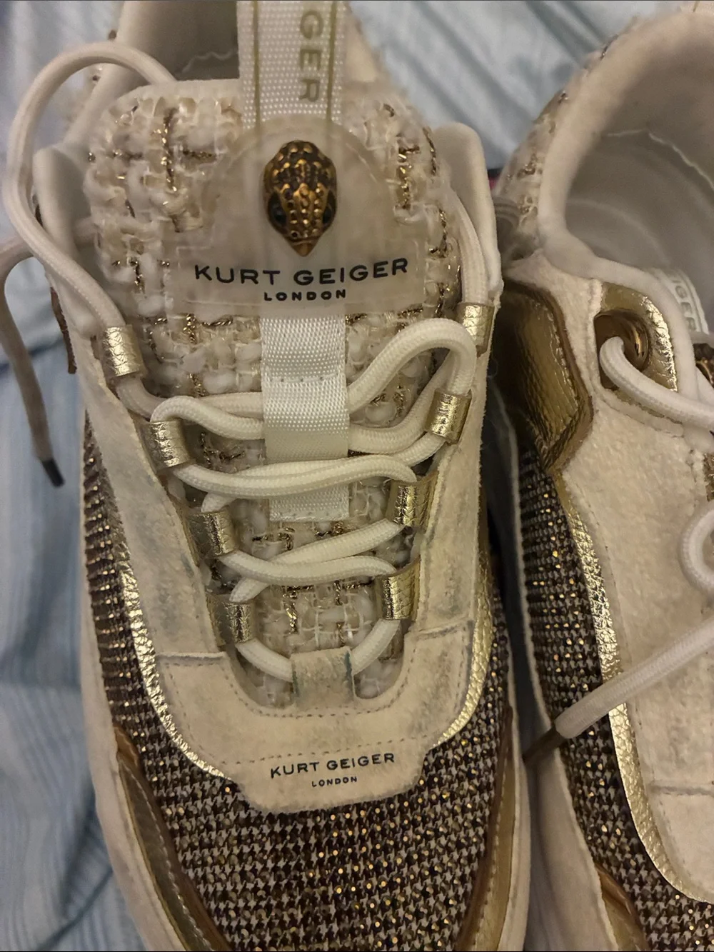 Kurt Geiger Gold and White Platform Sneakers